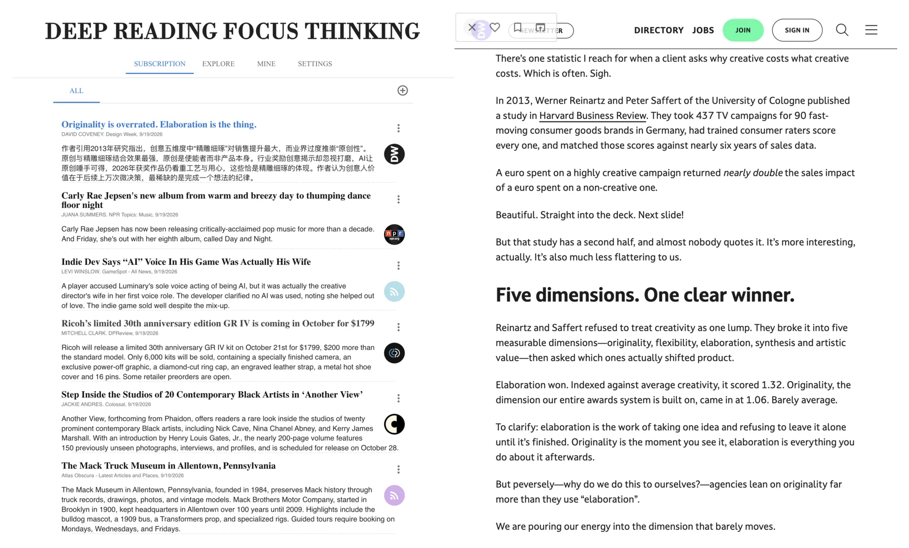 enReading while reading: summaries listed down the left, the full article on the right